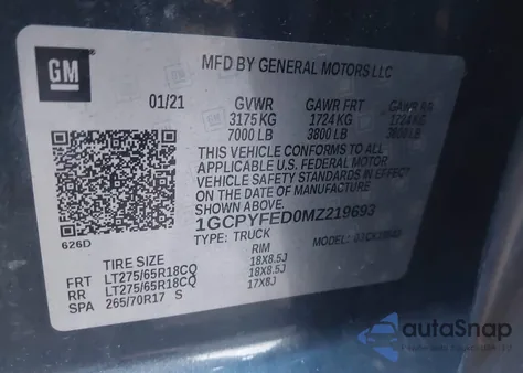 2021 Chevrolet Silverado 1500 4Wd Short Bed Lt Trail Boss z USA, uszkodzony, nr VIN 1GCPYFED0MZ219693